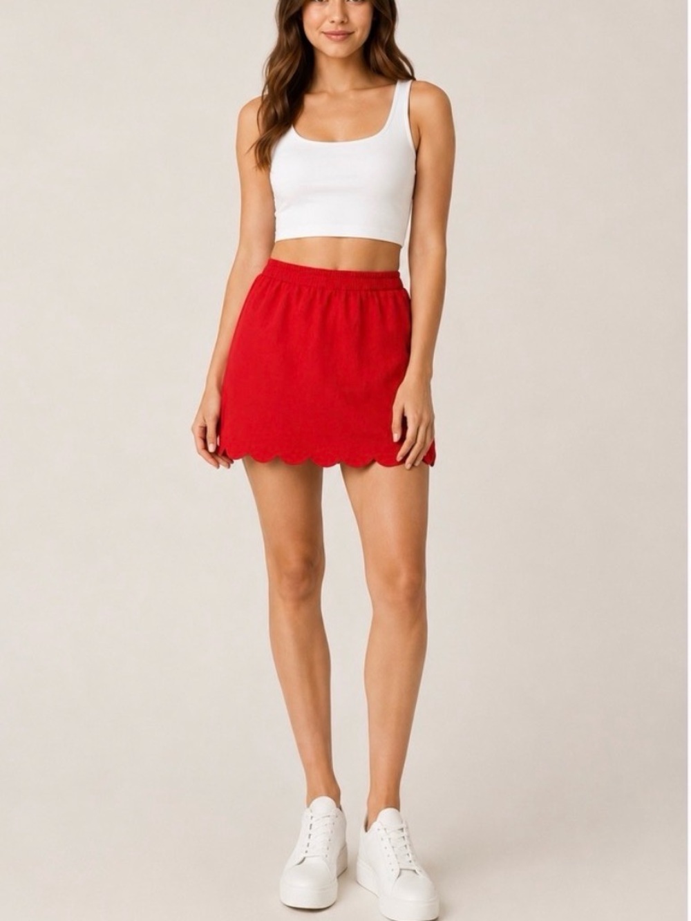 J. Crew Red Scallop-Hem Elastic Waist Mini Skirt
